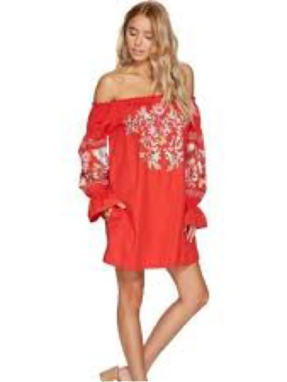 Free People Fleur Du Jour Mini Dress Red Embroidered Off Shoulder Boho Peasant M - Picture 1 of 9
